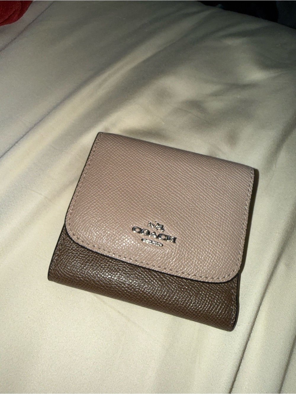Coach Two-Tone Leather Compact Wallet in Blush & Chocolate